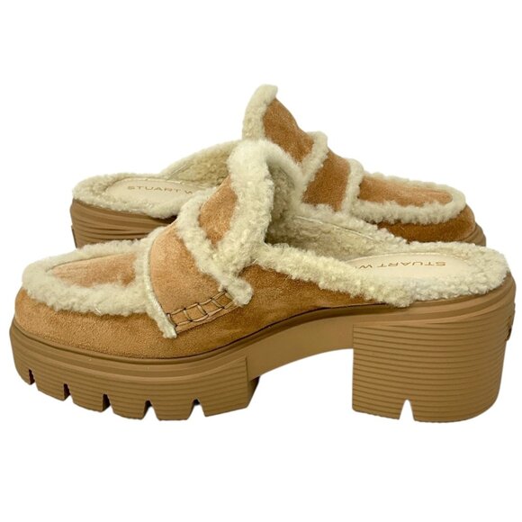 Stuart Weitzman Lennox Shearling Suede Mules New Camel US Size 6.5 B 30MM - Picture 9 of 11